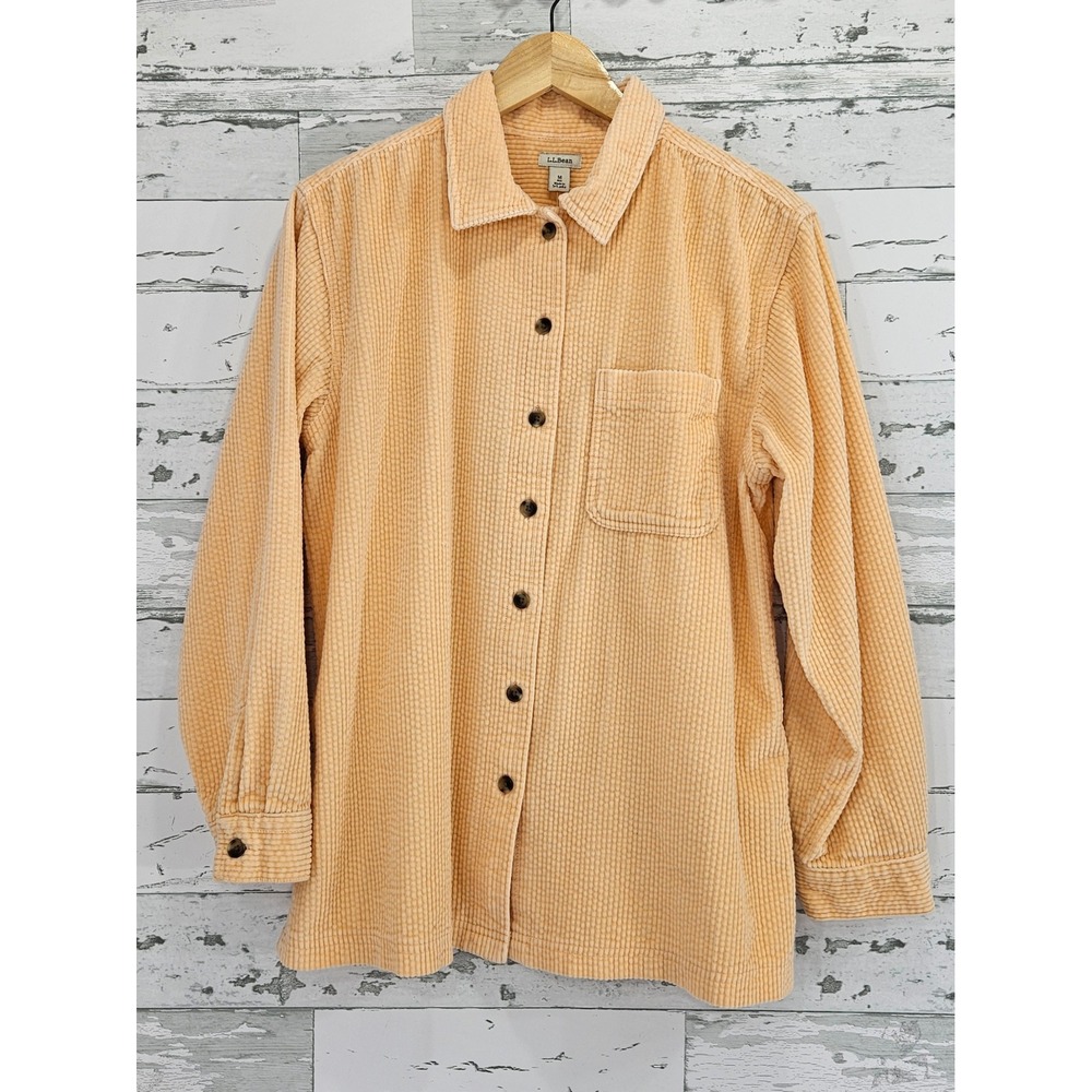 LL Bean Women M Peach Orange Wide Wale Corduroy Button Down Shirt 266127